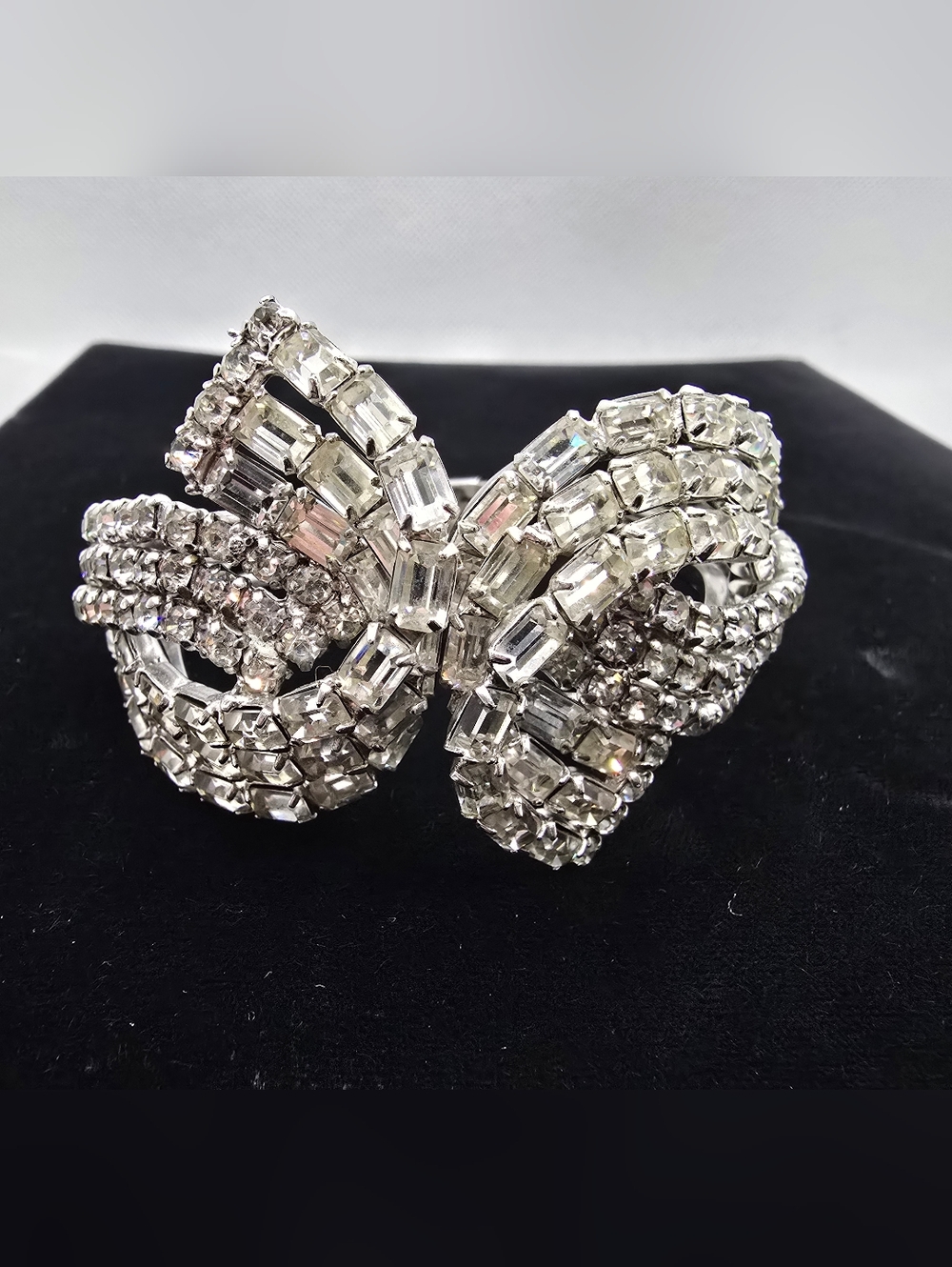 Art Deco Bow Rhinestone Clamper Bracelet Dazzling Bling 1950s 1960s